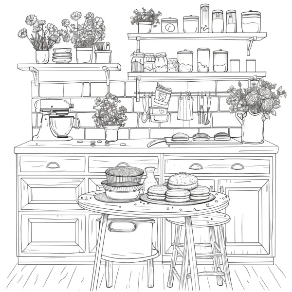 Cozy kitchen food scene, realistic line art style — free printable kitchen coloring book page