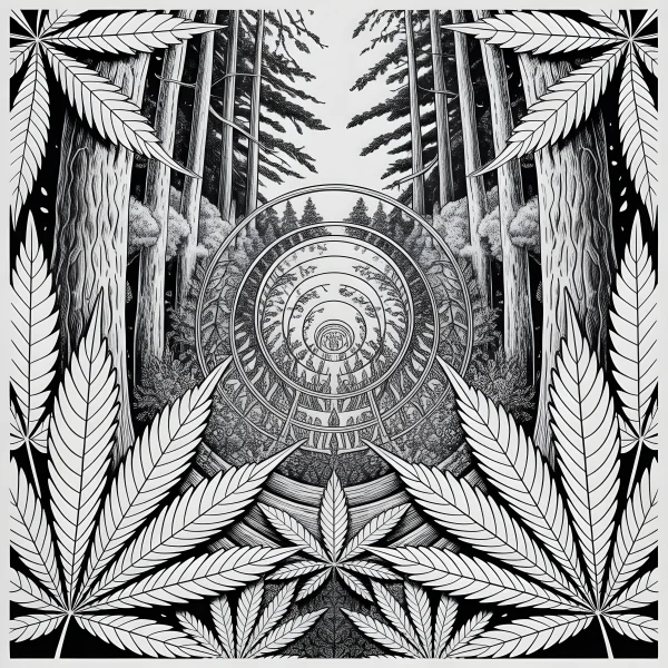 Mandala with cannabis leaves surrounded by redwood forest, nature and mandala art style — free printable abstract creativity coloring book page
