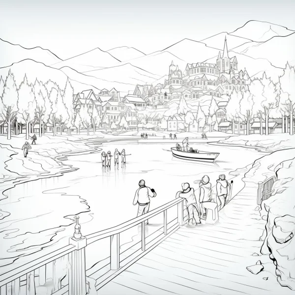 Riverside town leisure scene with people, realistic line art style — free printable outdoor activities coloring book page