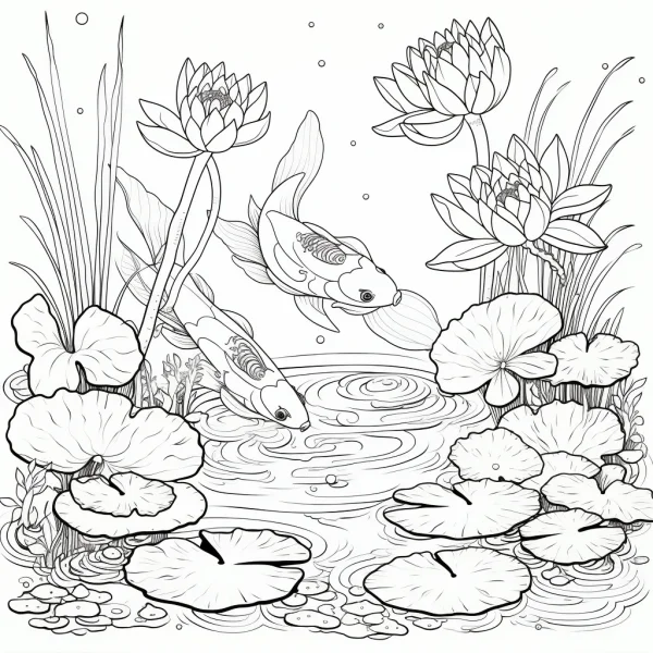 Koi fish with lotus flowers and lily pads in pond, realistic illustration style — free printable fish coloring book page
