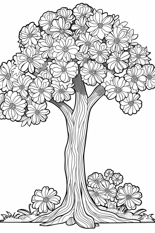 Tree full of blooming flowers, natural landscape style — free printable trees coloring book page