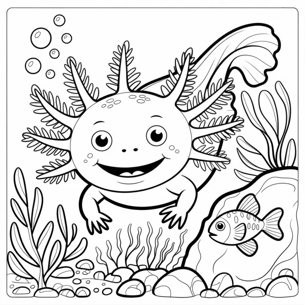 Cute cartoon axolotl, underwater scene with small fish — free printable amphibians coloring book page