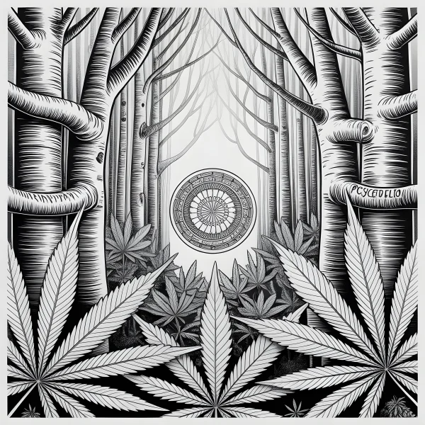 Marijuana leaves in forest with mandala center, psychedelic style — free printable psychedelic coloring book page