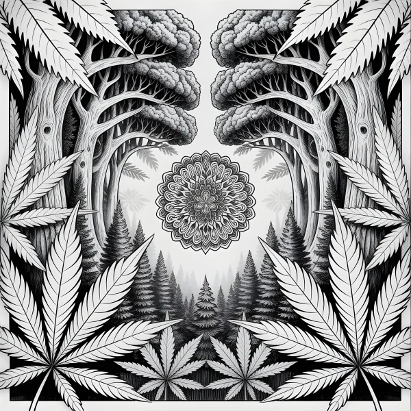 Mandala surrounded by cannabis leaves and forest trees, art nouveau style — free printable mandala art coloring book page