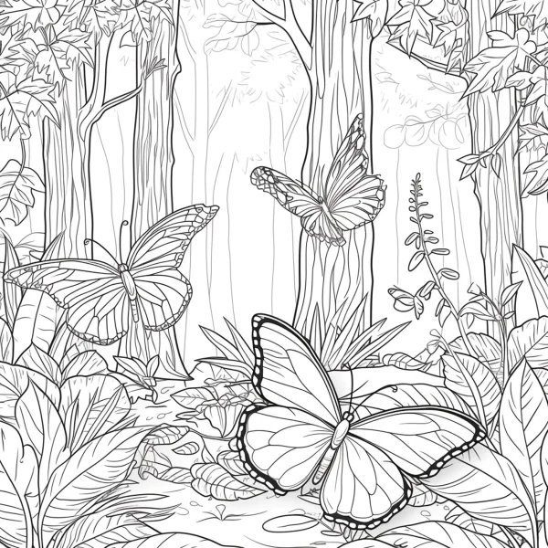 Butterflies in forest, sketch style — free printable butterfly coloring book page