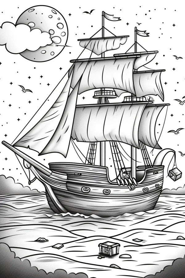 Treasure hunting sailing ship on the ocean at night, realistic illustration style — free printable treasure hunt coloring book page