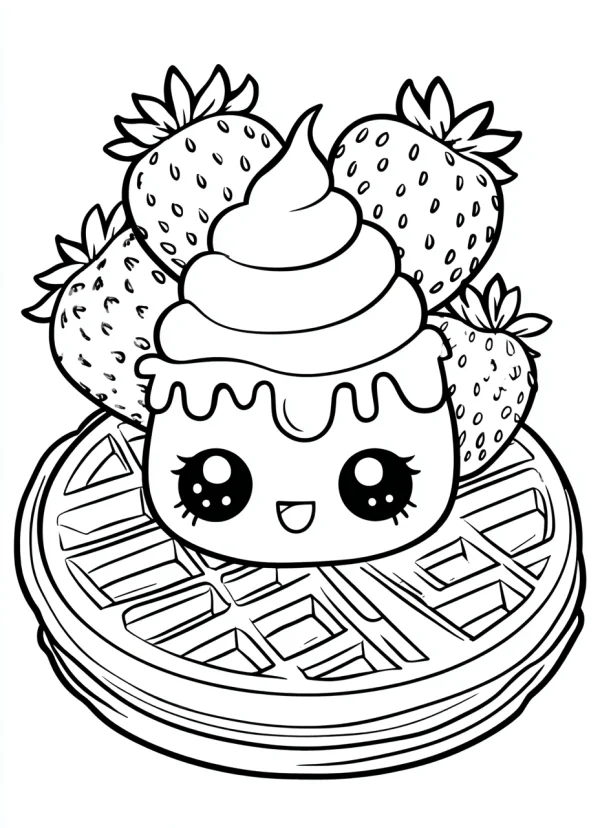 Cute anthropomorphic cream dessert with strawberries on waffle, cartoon style — free printable coloring page