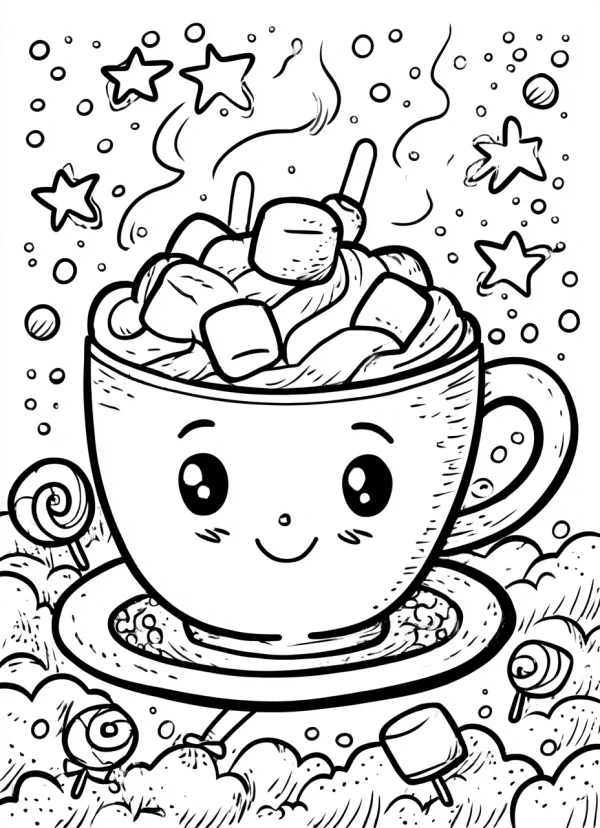 Anthropomorphic cartoon mug filled with marshmallows, cartoon style — free printable coloring page