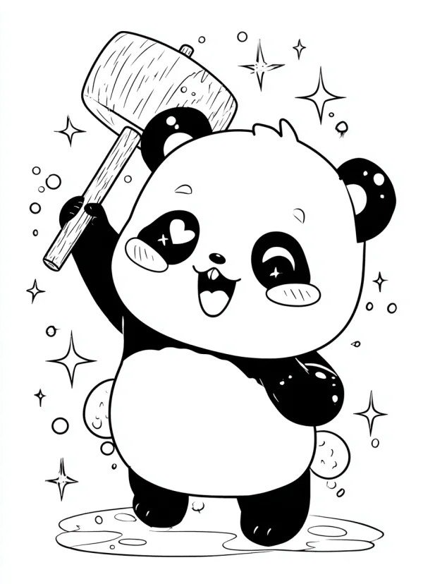 Cute cartoon panda holding a wooden hammer, cartoon style — free printable coloring page