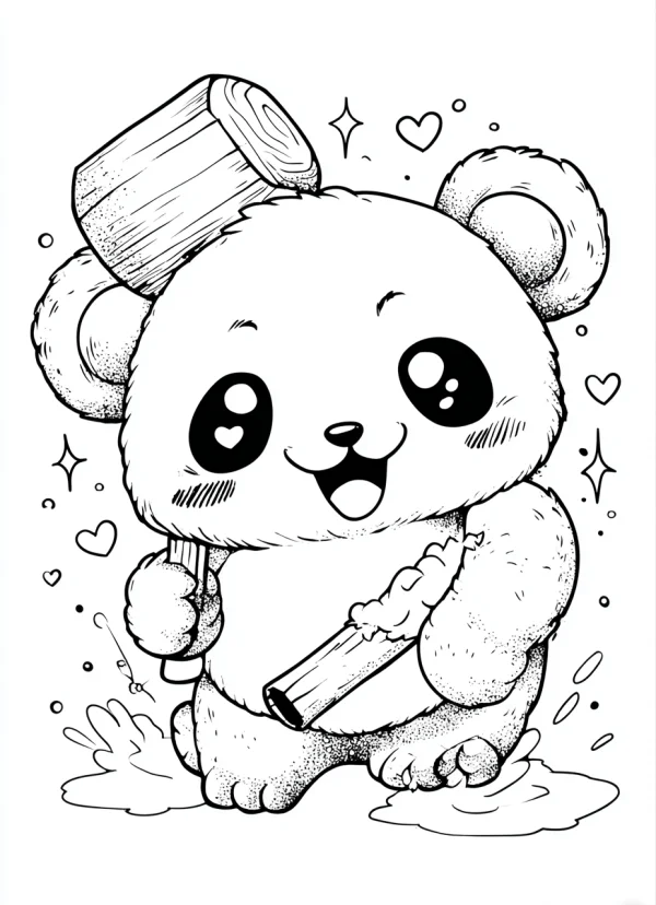 Cute cartoon panda holding wooden logs, stepping in puddles — free printable coloring page