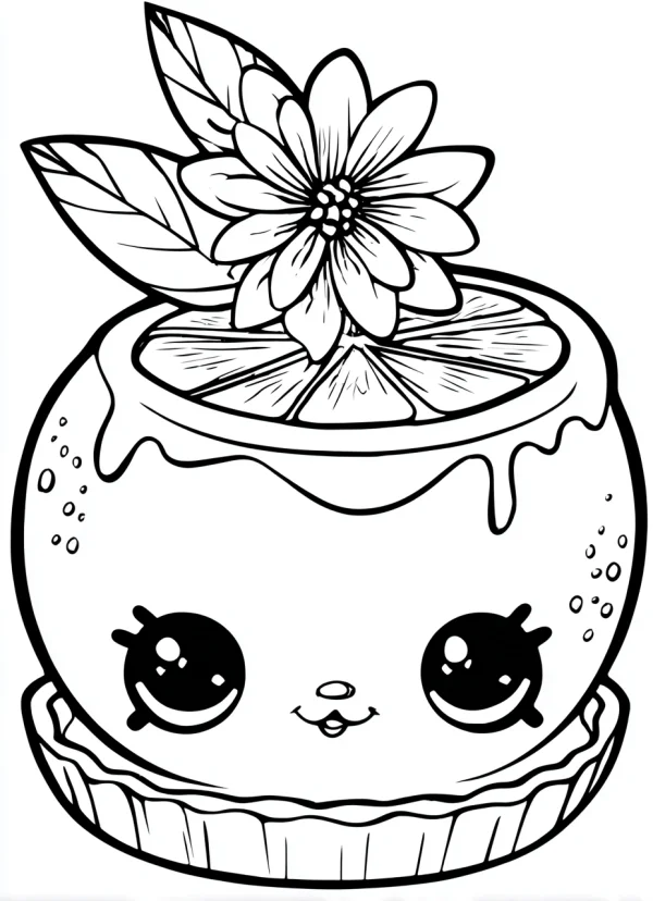 Cute anthropomorphic orange with a daisy and leaves on top, cartoon style — free printable coloring page
