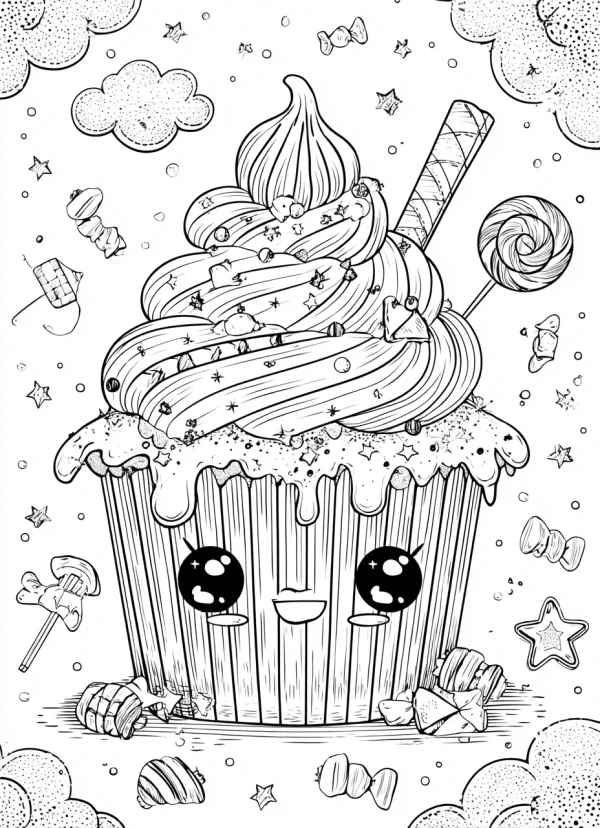 Cute anthropomorphic cupcake with swirly cream, cartoon style — free printable coloring page