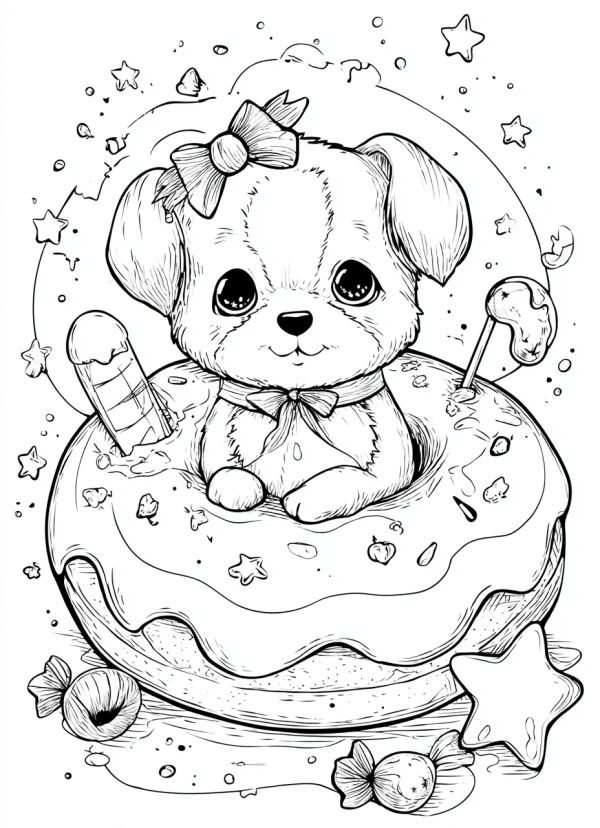 Coloring book page, cute puppy with bow sitting in a giant donut — free printable coloring page
