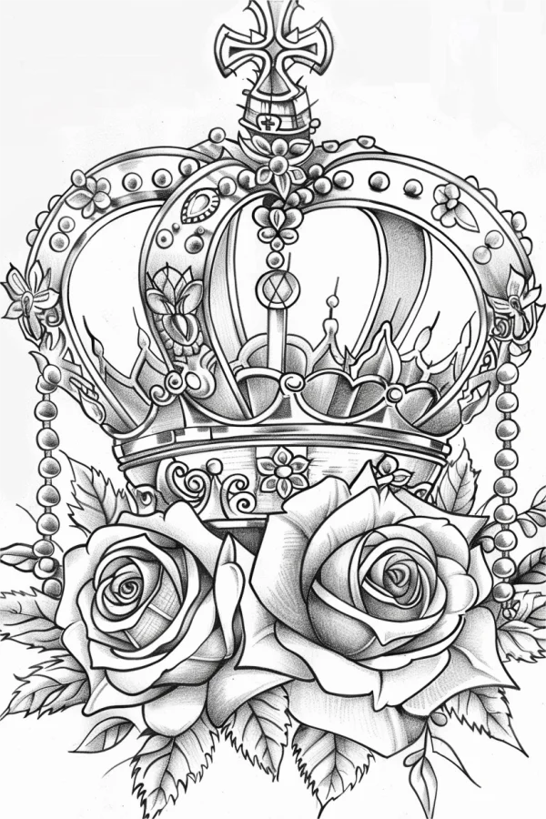 Crown with roses, baroque and retro style — free printable baroque coloring book page