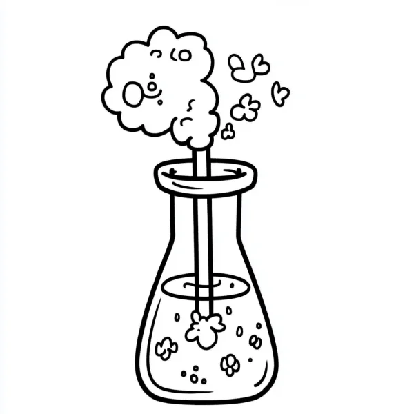 Cartoon magic experiment flask, cartoon style — free printable science experiments coloring book page