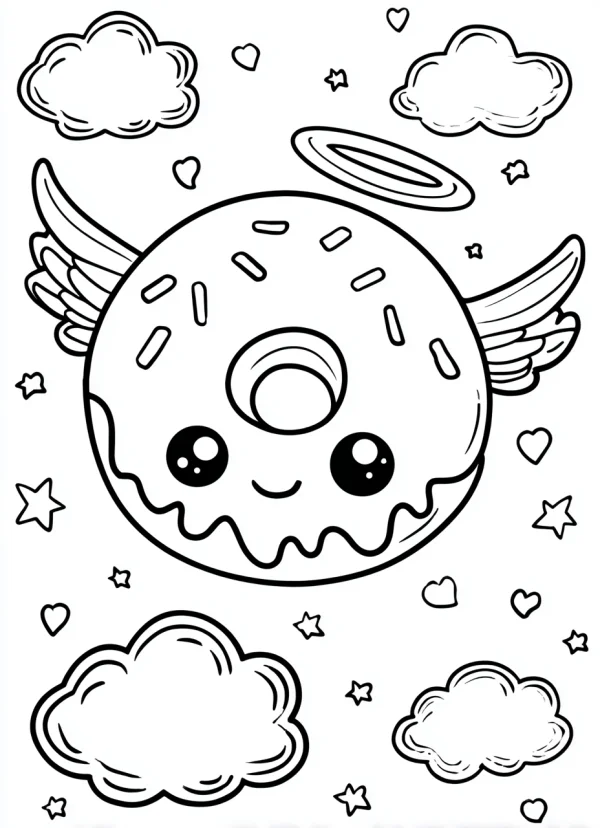 Coloring book page, cute cartoon angel donut with wings and halo — free printable coloring page