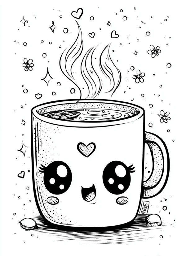Cute anthropomorphic mug with kawaii face, cartoon style — free printable coloring page