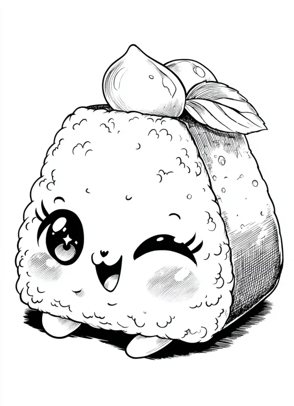 Cute cartoon onigiri with anthropomorphic features, cartoon style — free printable coloring page