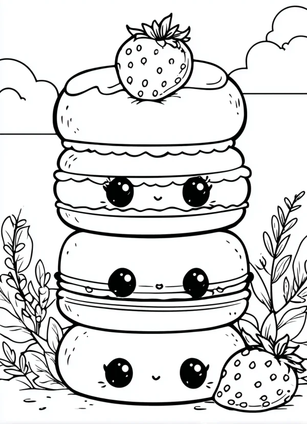 Cute anthropomorphic stacked macarons with strawberries, cartoon style — free printable coloring page