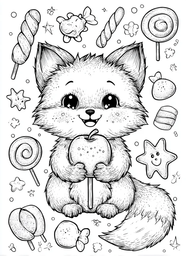 Coloring book page, cute cartoon fox holding a candy apple — free printable coloring page
