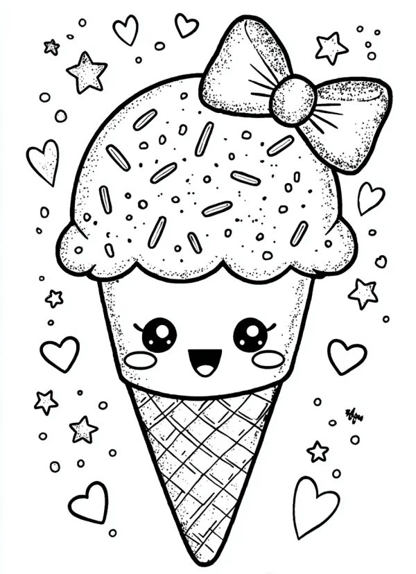 Cute anthropomorphic ice cream with a bow, cartoon style — free printable coloring page