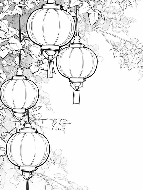 Traditional chinese lanterns with ivy vines and leaves, chinese style — free printable lantern festival coloring book page