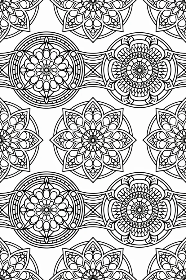 Mandala symmetric patterns, abstract style — free printable coloring page