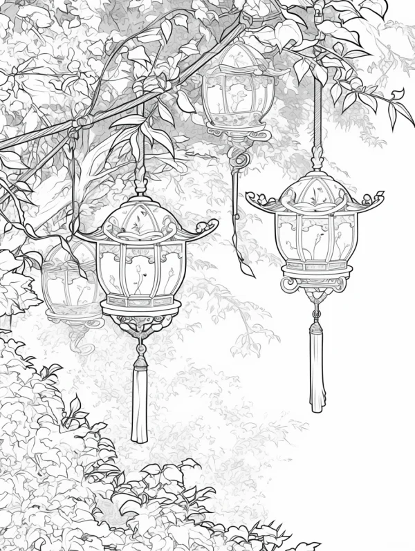 Traditional chinese lanterns hanging on vine branches with leaves and flowers, chinese style — free printable lantern festival coloring book page