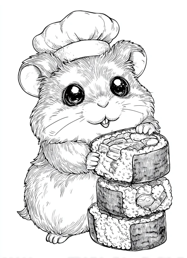 Cute chef hamster holding stacked rice balls, cartoon hand-drawn style — free printable chef coloring book page