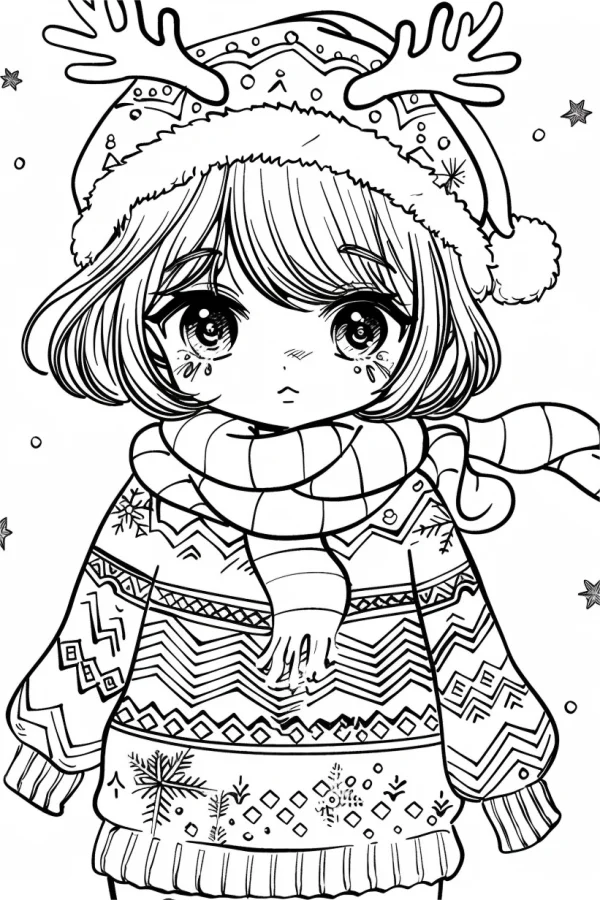 Cute chibi girl in christmas outfit, cartoon style — free printable cartoon characters coloring book page