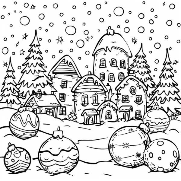 Christmas village with snow, cartoon style — free printable festivals coloring book page