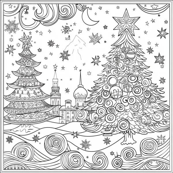 Decorative christmas trees with town landscape, decorative art style — free printable town landscape coloring book page