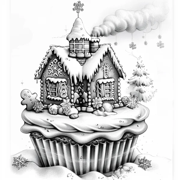Gingerbread house cupcake, fairy tale cartoon style — free printable desserts coloring book page