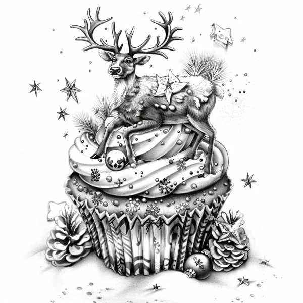 Christmas reindeer sitting on a decorated cupcake, realistic illustration style — free printable desserts coloring book page