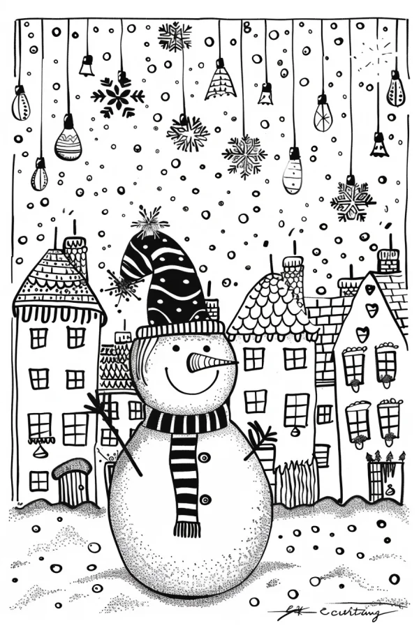Smiling snowman with striped scarf and festive hat, cartoon style — free printable city scene coloring book page