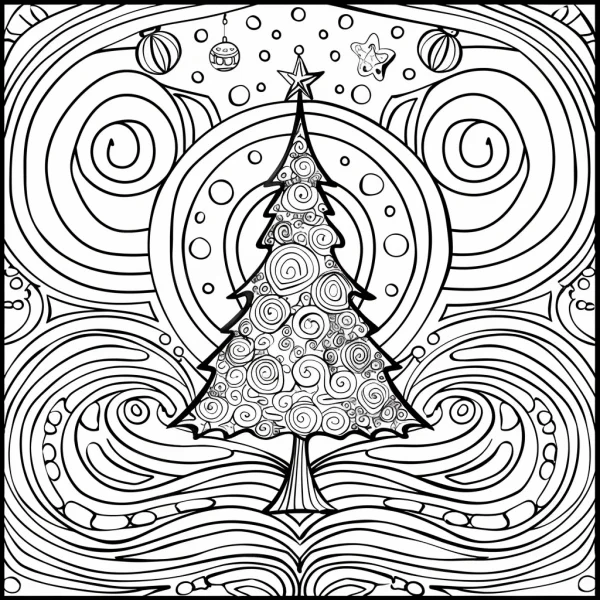 Zentangle style christmas tree, with hanging baubles — free printable zen doodle coloring book page