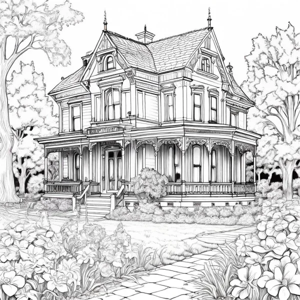 Vintage villa in a garden, realistic retro style — free printable residential coloring book page