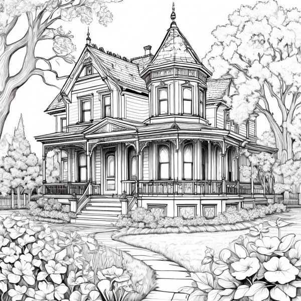 Victorian style vintage house, retro art style — free printable residential coloring book page