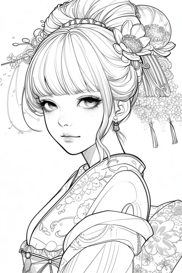 Japanese kimono girl with floral hair accessories and tassels, japanese cartoon style — free printable traditional culture coloring book page