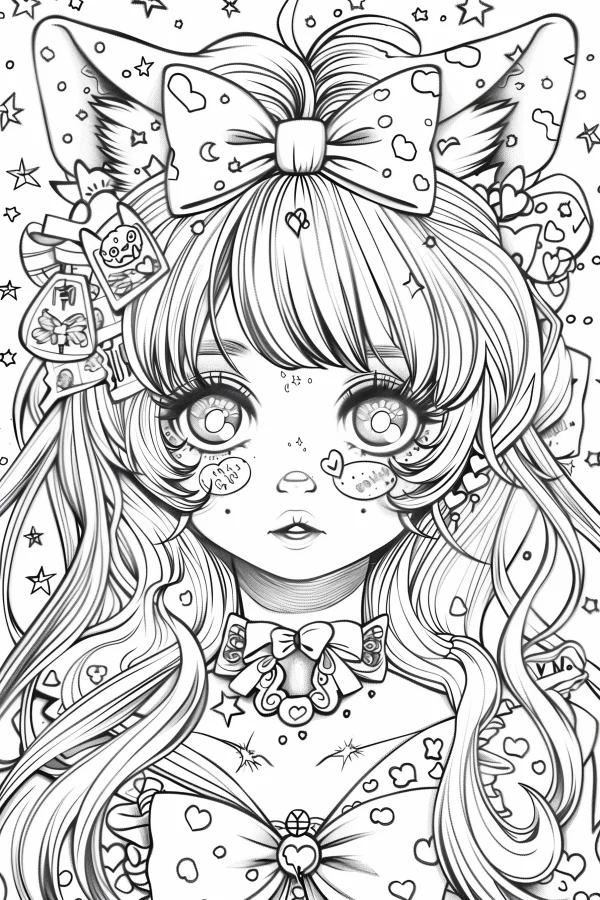 Cute cat-eared girl, anime style — free printable cats coloring book page