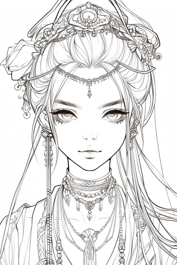 Elegant ancient chinese style girl with ornate headdress and multi-layered necklaces, chinese cartoon illustration style — free printable ancient style coloring book page