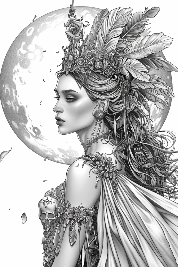Gothic fantasy woman with feather and rose headdress, full moon in background — free printable female coloring book page