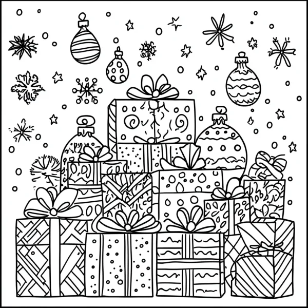Stacked christmas gifts with ornaments and snowflakes, cartoon style — free printable festivals coloring book page