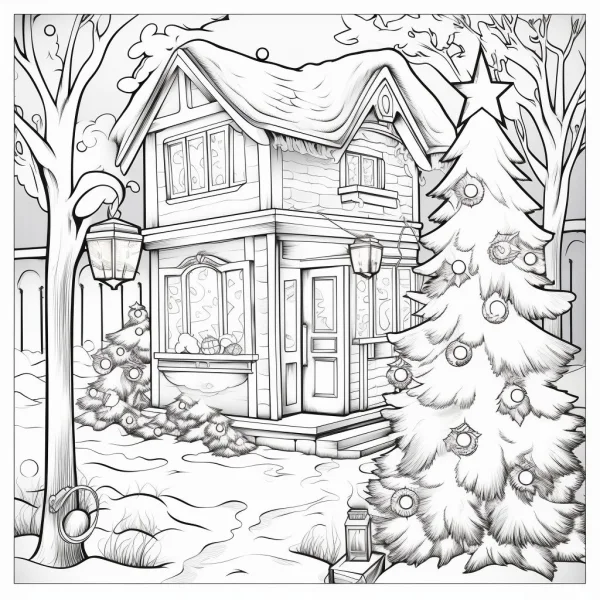 Cozy snow-covered cottage with decorated christmas tree, winter christmas landscape — free printable residential coloring book page