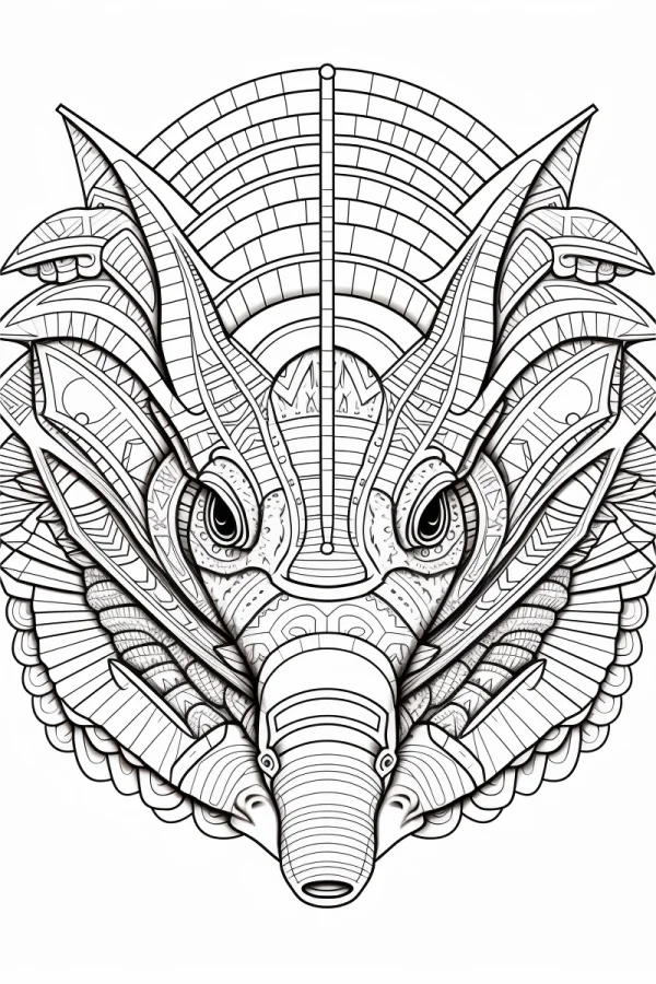 Tribal totem style fantasy creature head, intricate symmetrical geometric patterns — free printable totem culture coloring book page