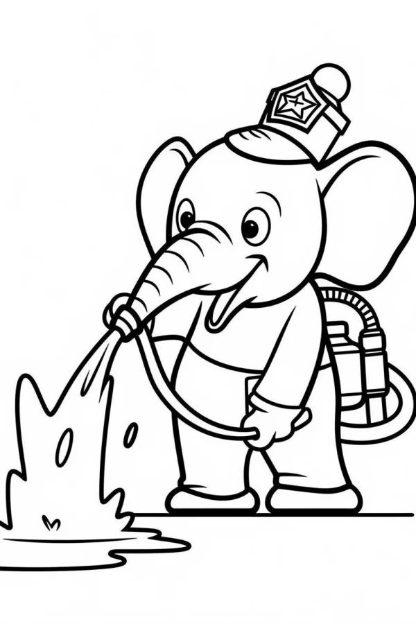Cartoon elephant firefighter, cartoon style — free printable firefighters coloring book page
