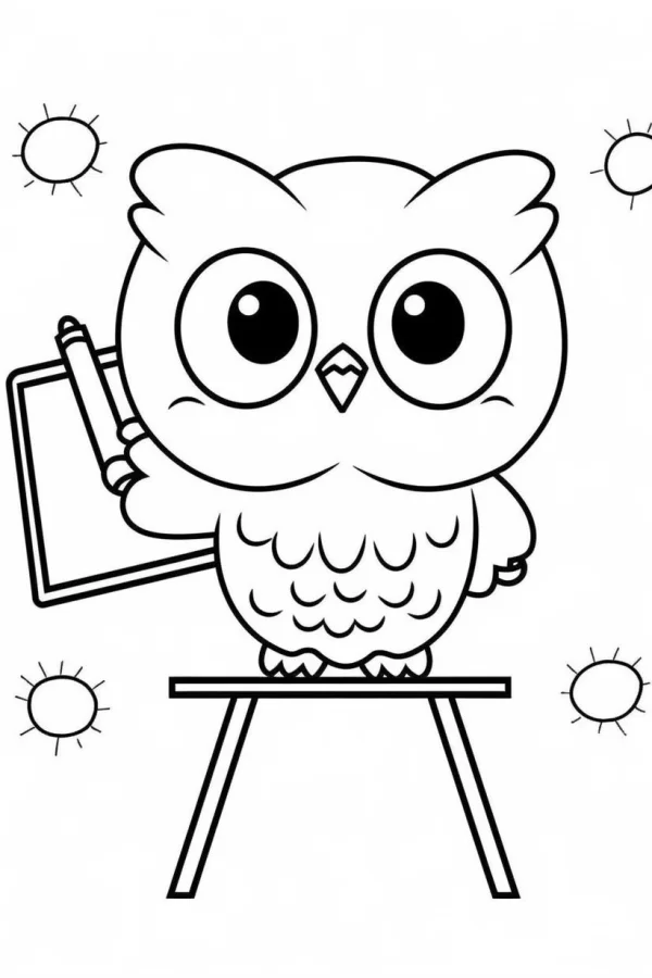 Cartoon owl teacher standing on a small stand, holding a drawing board and brush — free printable teacher coloring book page
