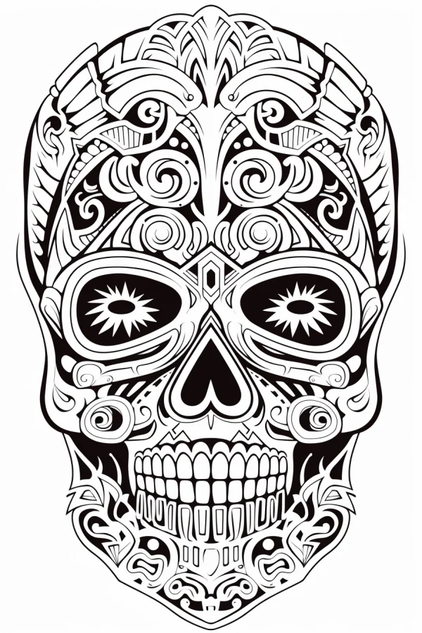 Decorative day of the dead sugar skull, tribal totem style — free printable tribal culture coloring book page