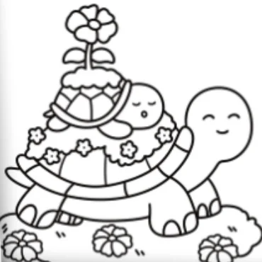 Cute turtle with flowers on its back and head, cartoon style — free printable coloring page