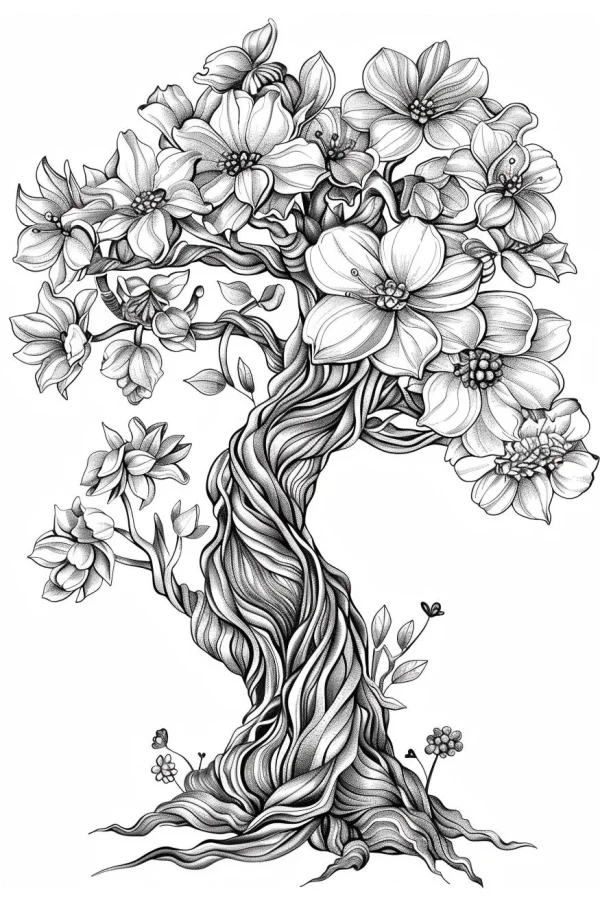 Intricate twisting tree with large blooming flowers, art nouveau style — free printable trees coloring book page